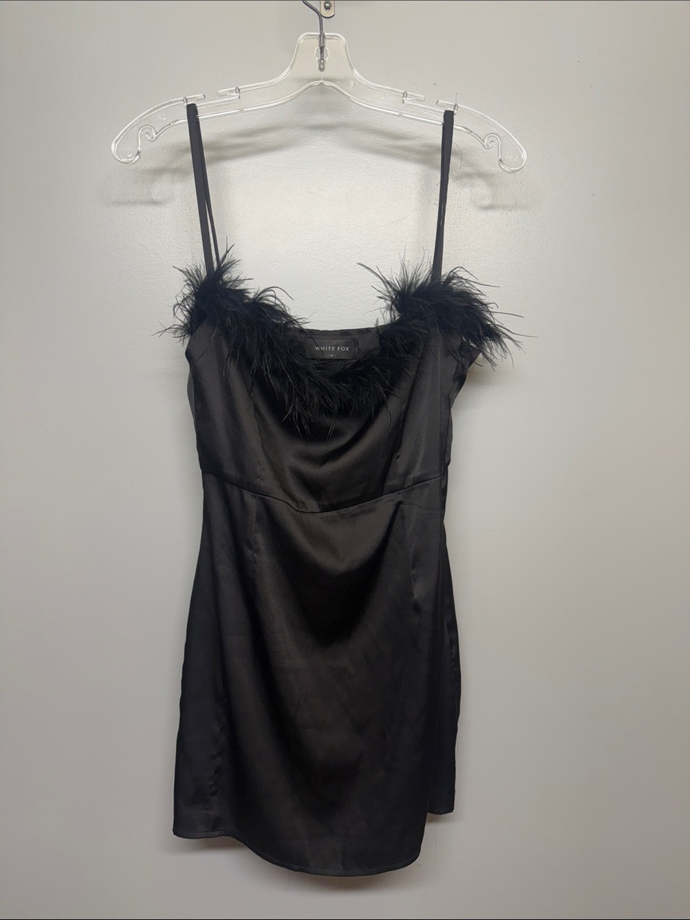 White Fox Boutique Black Feather Trim Satin Rave Night Out Club Mini Dress